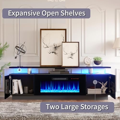 Image of AMERLIFE 70 inch High-Gloss Fireplace TV Stand with 36 inch Electric Fireplace | Black LED TV Console, Modern Living Room Entertainment Center, Fits TVs up to 80 inch, 2 Cabinets, 2-Tier Storage Space