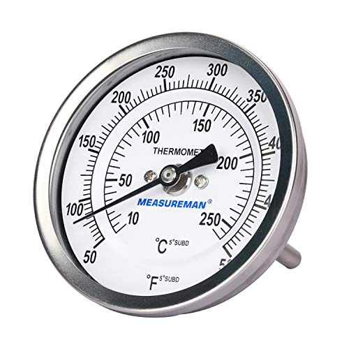 Measureman Fully Stainless Steel Bimetal Dial Thermometer, 3" Dial, 2-1/2" Stem, 50-550 Deg F/10-260 Deg C, -1% Accuracy, Adjustable, 1/2" Npt Back Mount #TOP3