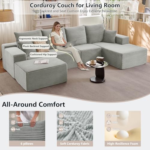 135" Modular Sectional Sofa with U Shaped Chaise, Upholstered Couches for Living Room with Deep Seat, No Assembly Required, Corduroy Cloud Couches, Grey(Left-Facing Chaise - Image 4