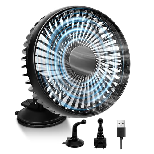 Xiexieni Auto Ventilator 12V, Stufenlos einstellbarer Kühlluftventilator mit Saugnapf und Stuhllehnenhalterung, 360° Drehbar, Leiser Sommerlüfter mit USB-Anschluss für Auto, SUV, RV, LKW, Boot