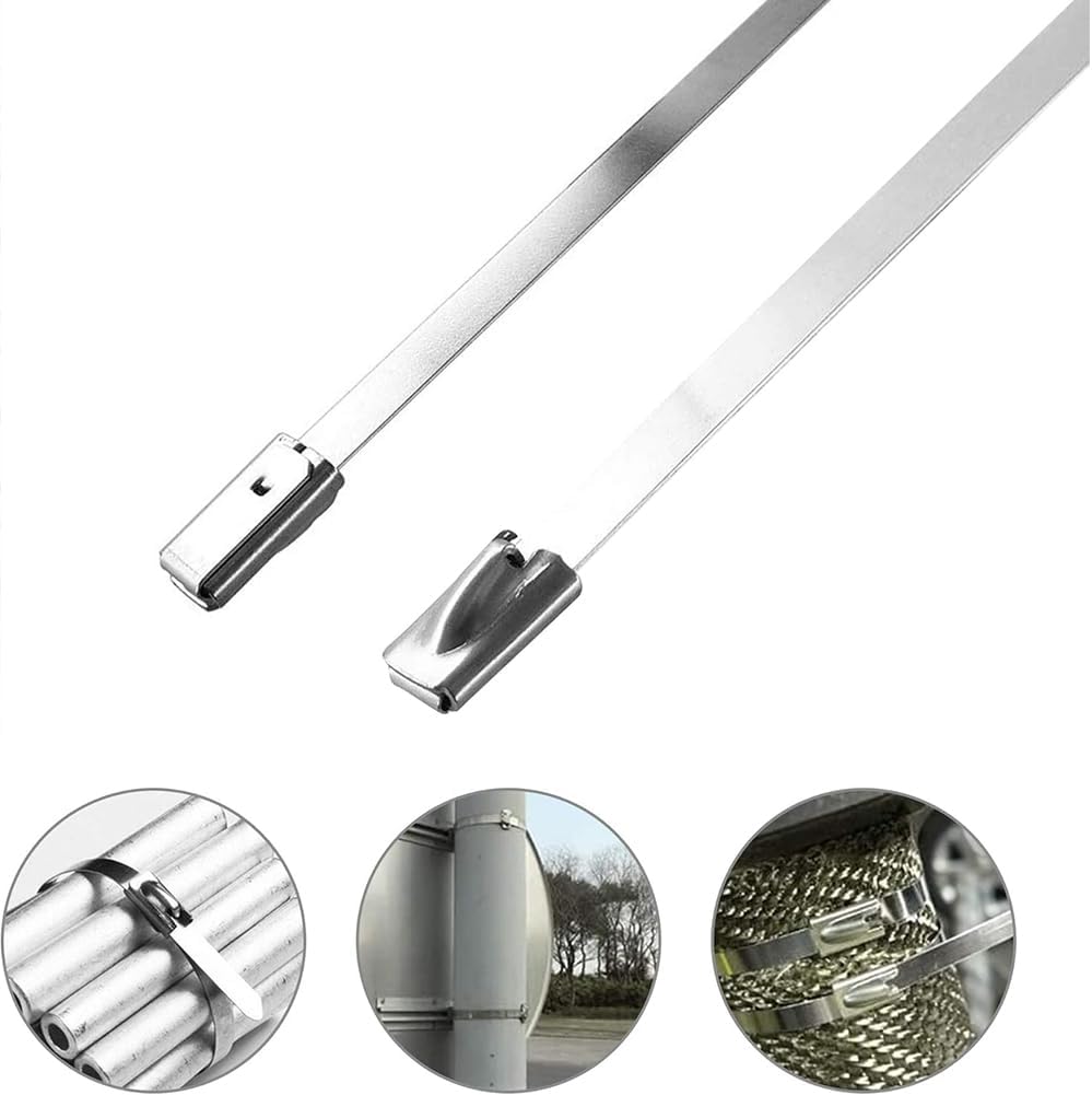 100pcs Stainless Steel Zipper tie Metal Zipper tie Heavy Duty Locking Cable tie Strap for Exhaust wrap, Garage, Outdoor Width 7.9mm (0.31in) Length 900mm (35.4in)