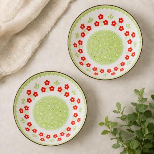 Image of Ceramic Pasta Plates, Green Floral Printed Deep Dinner Plates, Serving Plates, Microwave & Dishwasher Safe, Ceramic Plates for Pasta, Salad, Noodles & Biryani (Green & Red Floral Design, PACK OF 2)