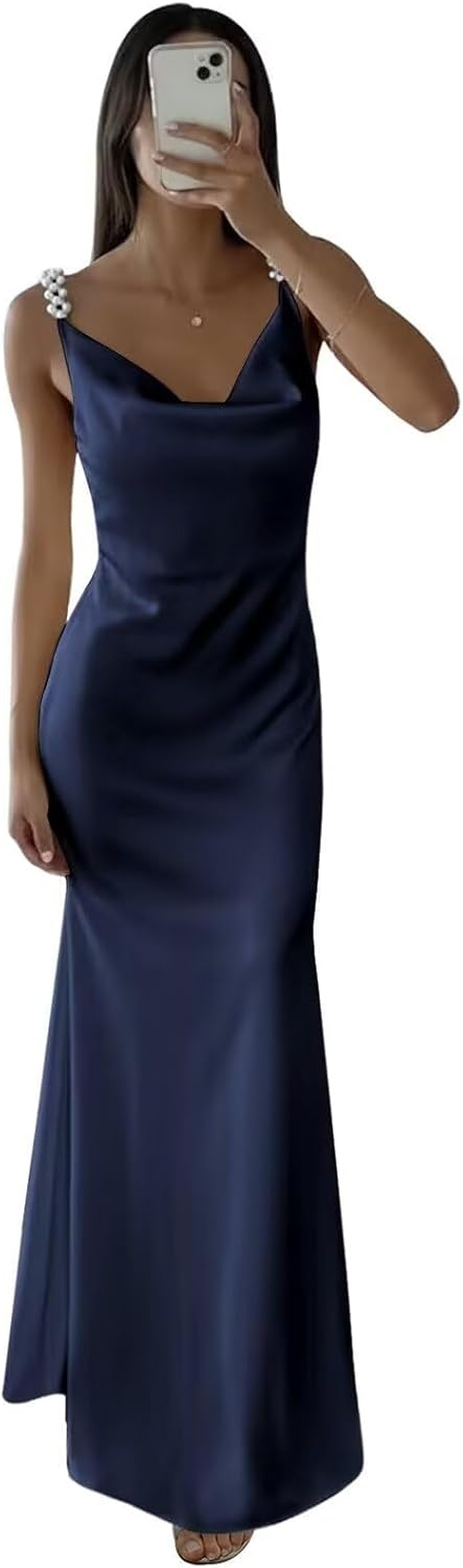 Wchecalino Pearl Spaghetti Straps Satin Prom Dresses Long 2026 Cowl Neck Mermaid Formal Evening Party Gown