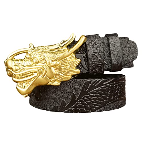 Men Western Cowboy Dragon Embossed Full Grain Leather Belt With Gold Dragon Head Buckle