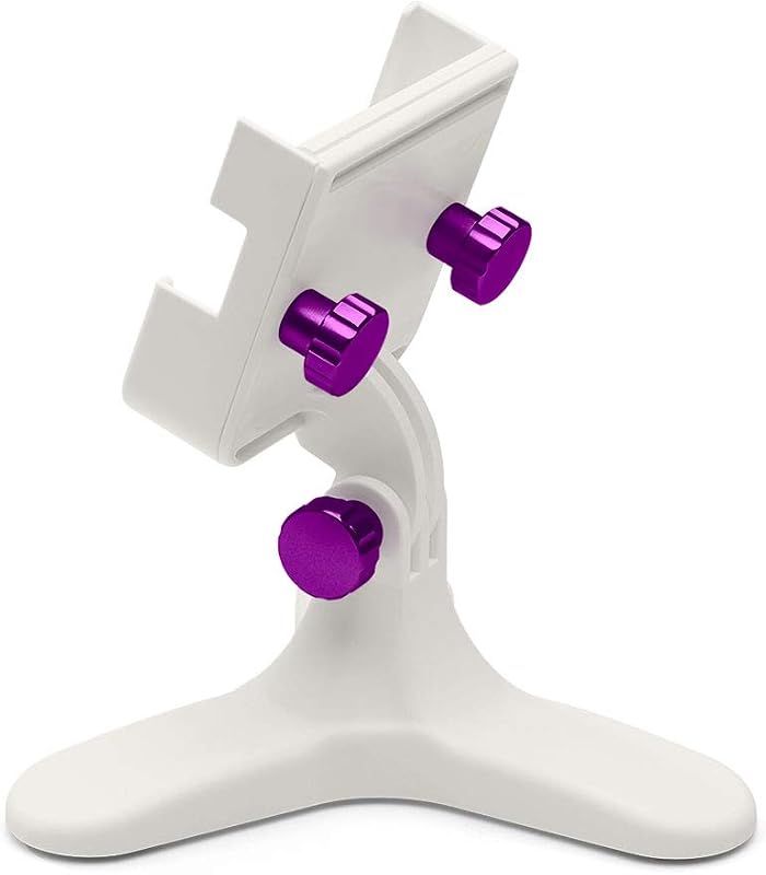 WeatherTech DeskFone Two View in White - Adjustable, Universal Cell Phone Holder Mount Stand for Desk, Counter, Table - Tripod Design for iPhone & Smartphone Charging - Violet Metal Knobs