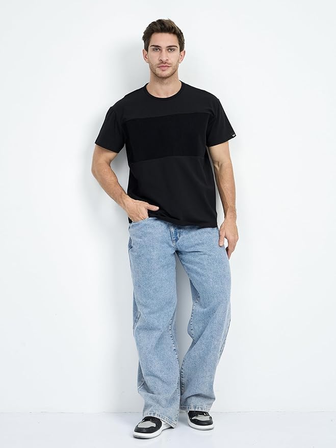 Men’s Customizable Black T-Shirt with Patches Area, Medium, Regular Fit, Boat Neck, Soft Cotton-Lycra Blend for Personalization