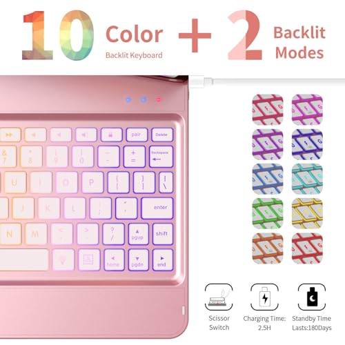 Image of GGH Keyboard Case for iPad Pro 11 Inch & Air 11 inch M4 /M3 /M2, Rose Gold | 10-Color Backlight Keyboard with Pencil Holder, 360 Rotatable, Compatible with iPad Pro 11 1st-4th Gen & Air11 M2 /M3 /M4