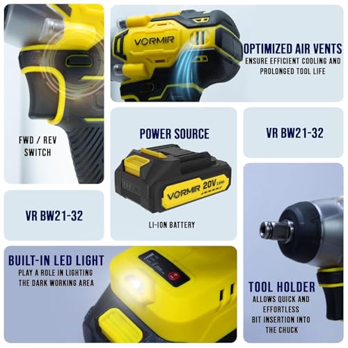 Image of VORMIR VR BW21-32 Brushless Cordless Impact Wrench Kit, 20V MAX, inch, 320Nm Torque, 1800-3000 RPM, 2250-3700 IPM, 2 Batteries, Charger, LED Light & BMC Box- 12 Month warranty