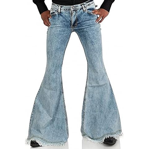 Men's Relaxed Vintage 60s 70s Bell Bottom Tassel Pants Trousers Stretch Fit Classic Comfort Flared Disco Denim Jeans, Blue, 4X-Large Cover