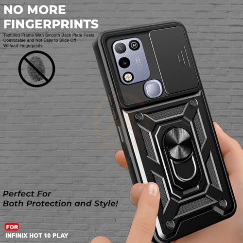 Image of Armor Bumper Back Cover Case for Infinix Hot 10 Play Rotating Camera Cover, Ring Holder & Kickstand | Heavy Duty & 360 Degree Protection Infinix Hot 10 Play Back Cover (Black)