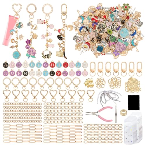 432 Pièces Kit Porte Clé a Fabriquer avec 25 porte-clés à clip, 25 chaînes d'extension, 175 breloques, pince à bijoux, Porte Clef Fabrication Bijoux pour...