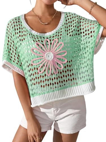 Image of OCSTRADE Summer Crochet Tops for Women Boho Crop Hollow Out Sweaters Beach Vacation Knit Cover Ups
