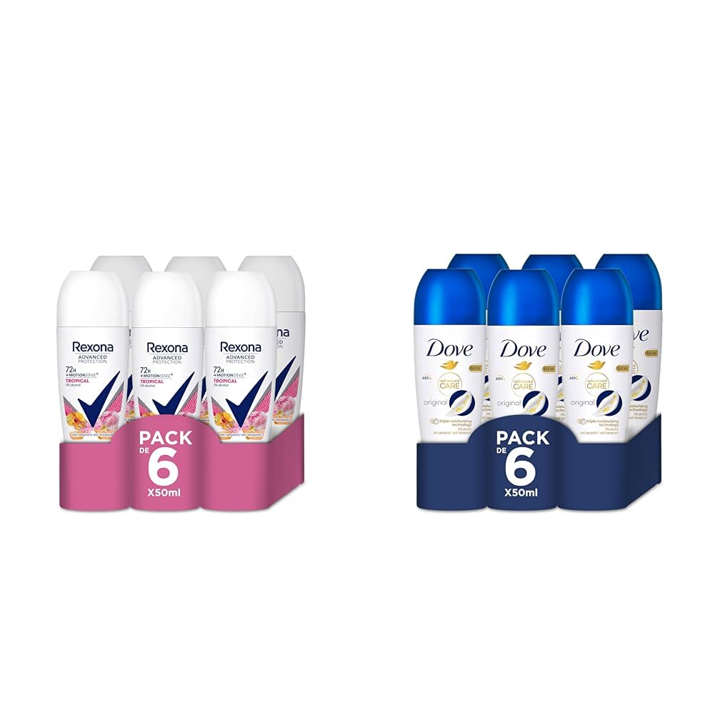 Dove - Advanced Care Desodorante Roll-On 48h Original Sin Alcohol para Mujer 6 x 50 ml & Rexona Advanced Protection Desodorante Antitranspirante Roll-on Tropical 6 x 50 ml