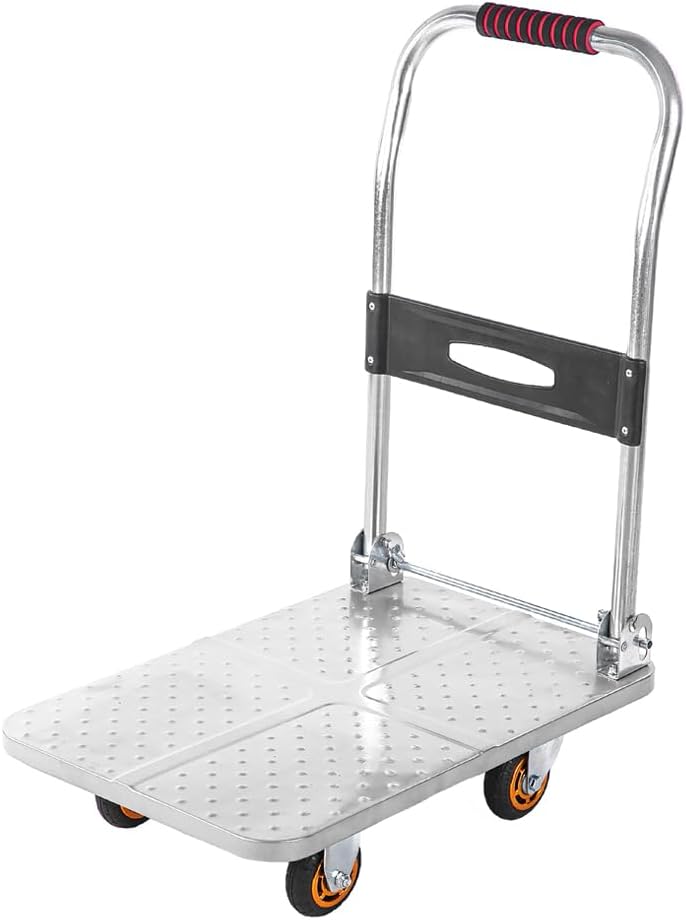 Carts,Heavy Duty Platform Truck with Rubber Mats and TPR Rubber Wheels, Steel Dolly with 150kg Capacity, Folding Hand Truck with 60x40cm Flatbed