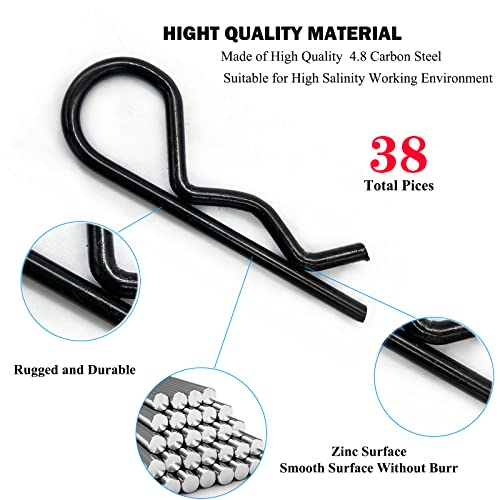 Image of 38 Pcs Hitch Pin Clip R Clips Retaining Pins Tractor Cotter Pin Hair Pin Assortment Iron Black Zinc-plated Spring Clip Retainer Pins keeper Pins Kit for Dolly Pins /Trailer Pin Clips Replacement