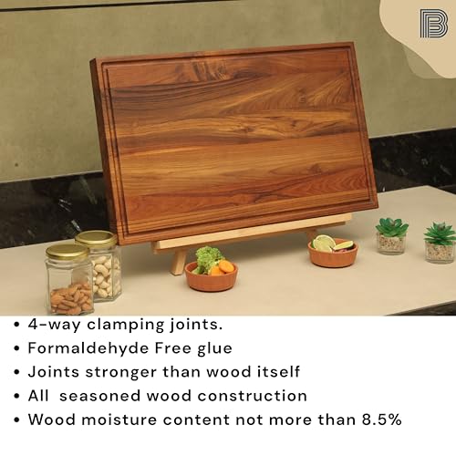 Image of Edge Grain Wood Chopping Board | Teakwood Cutting Board with Non-Slip Rubber feet | Vegetables, Meat, Cheese Cutting | Food Grade Finish with Mineral Oil and Beeswax | 1 Year Warranty