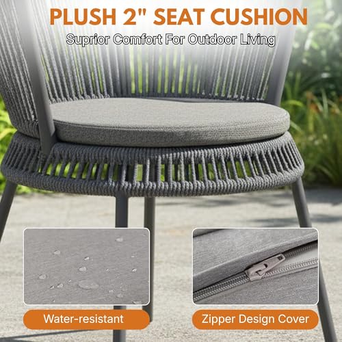 Image of DEVOKO Outdoor Rope 3 Piece Handwoven Crown Shape Rope Chair & Glass Top Side Table with Metal Frame for Garden, Pool, Deck, Backyard, Balcony (Grey)