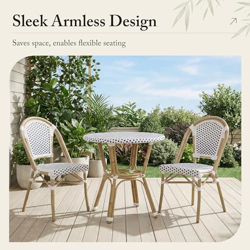 Image of PURPLE LEAF Outdoor Dining Chair Set of 2 Patio French Aluminium Frame in Champagne Finish with Sky Blue & White Woven Rattan for Indoor Kitchen Deck Bistros Cafe Restaurant