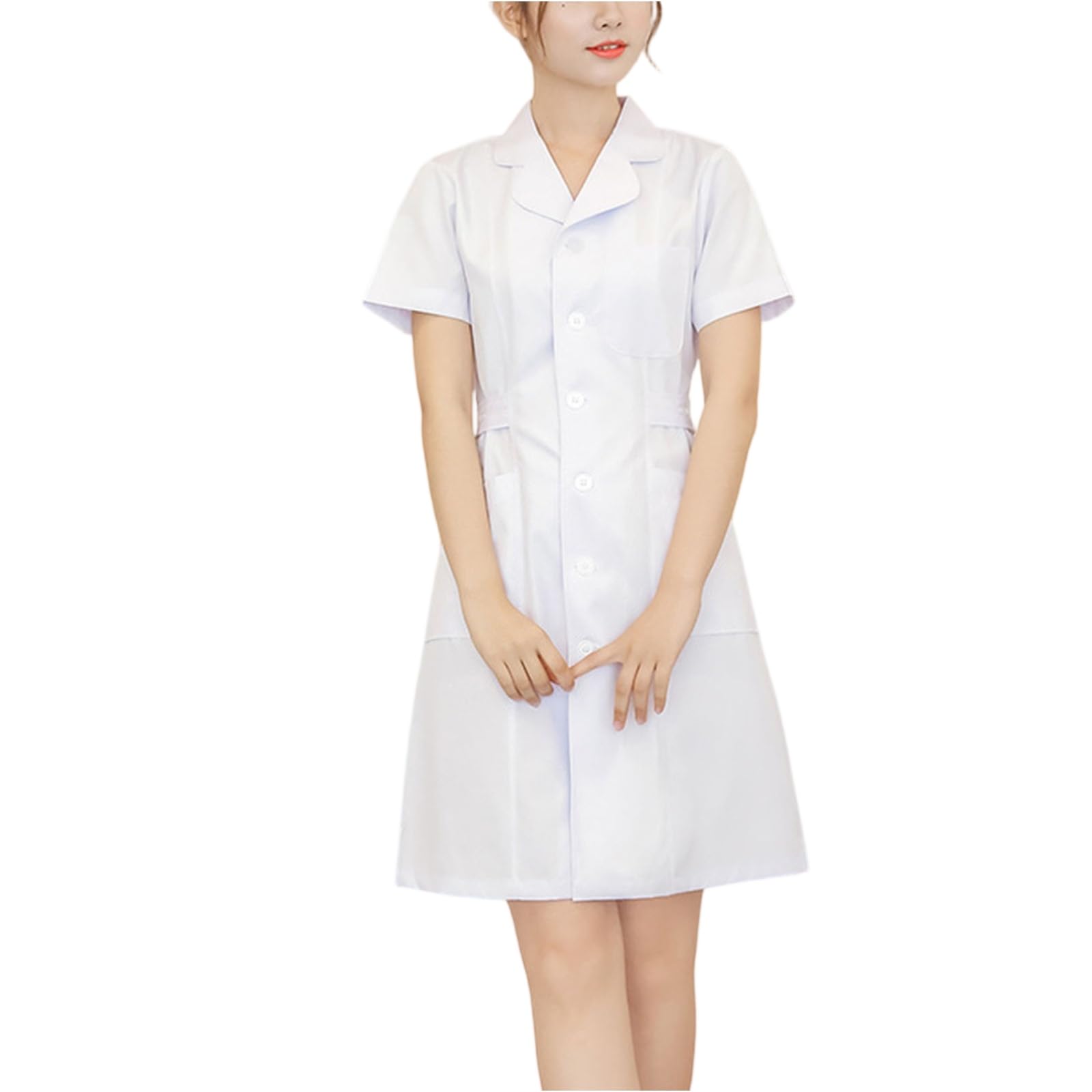 Scrubs Dresses for Women Cut Babydoll Neck Short Sleeve Nurse Working Uniform Solid Color Button Down Knee Length