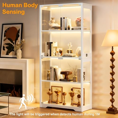 Image of BROTTAR Display Cabinet with Glass Doors, 4-Tier Curio Cabinet with 3 Color Lights for Collectibles, Glass Display Case with Human Body Sensor, Bookcase with 4 Shelves, Storage Cabinets, White