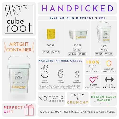 Image of Cube Root Whole Cashew Nuts 1kg (1000g), W320 Grade (Medium size), Airtight Container, Dry Fruits