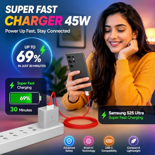 Image of 45W USB-C Fast Charger | Super Fast Charging 2.0 PD 3.0 Type-C Wall Adapter (with Cable) | Compatible with Samsung Galaxy S25 /S24 /S23, M55 /M54, A Series, Tab S Series | Compact Travel Charger - White