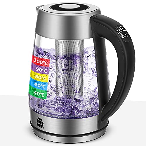 ForMe Bouilloire Électrique en Verre Thermostat Réglable 1.7 I Contrôle de Température Réglable 40-100°C Transparente Température Variable I Théière Avec Infuseur à Thé et Filtre à Eau I LED Sans BPA