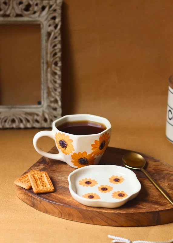 Image of WEAVING HOMES Handcrafted Ceramic Mug & Dessert Plate to Gift to Best Friend and Love Microwave Safe Surajmukhi Mug & Dessert Plate (Set of 2, Multicolor)