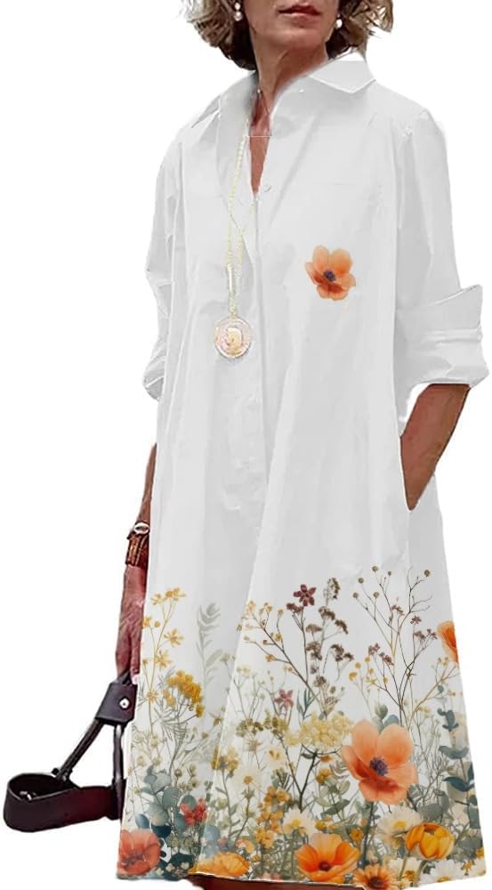 Women’s Button Front Shirt Dress – Floral Butterfly Print Summer Dress with Pockets, Flowy Spring Sundress for 2026 - Image 2