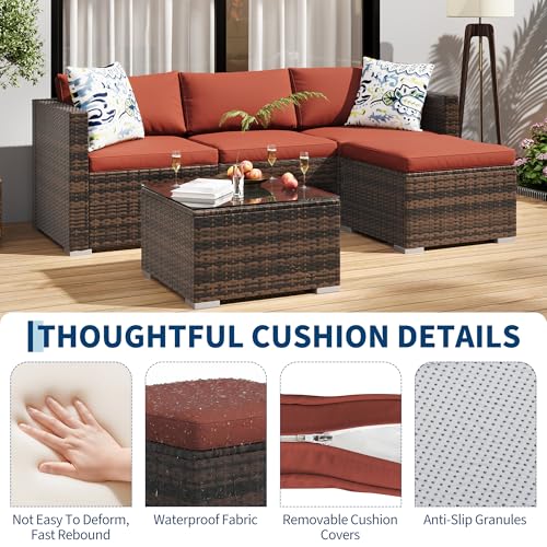 Image of GAOMON 5-Piece All-Weather Patio Furniture Set, Convertible Outdoor Sectional Sofa with Ottoman & Tempered Glass Table, PE Rattan Conversation Set for Garden, Backyard, Porch, Poolside