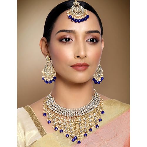 Image of Peora Kundan & Beads Studded Necklace Earrings & Maangtikka Set Ethnic Jewellery for Women & Girls