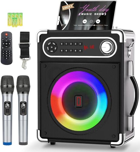 Máquina de Karaoke con 2 micrófonos inalámbricos, Altavoz portátil Bluetooth 5.3 con Luces LED, Ajuste de Graves y Agudos, Sistema de PA con Control Remoto, Compatible con FM/AUX/USB/TF