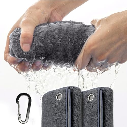 Gismelio Magnetic Golf Towel | Suede Double-Sided Absorbent Coral Velvet Thickened Towel (Gray, 2Pcs Golf Towel with Carabiner Clip)