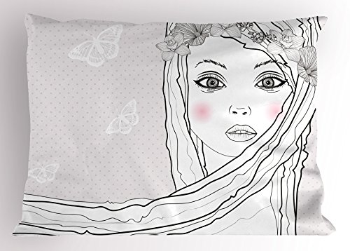 Ambesonne Teen Room Pillow Sham, Face Young Girl with Floral Wreath on Hair and Butterfly Design, Decorative Standard Size Printed Pillowcase, 30