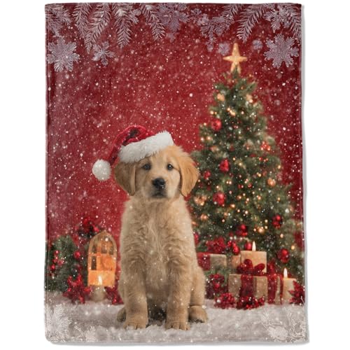 ainori Dog Christmas Decorative Blanket, Golden Retriever Tree Snowflake Print Throw Decoration, Soft Flannel Winter Blankets for Couch Bed Sofa, Holiday Home Decor, Xmas Festival Gifts 50x60 Inch