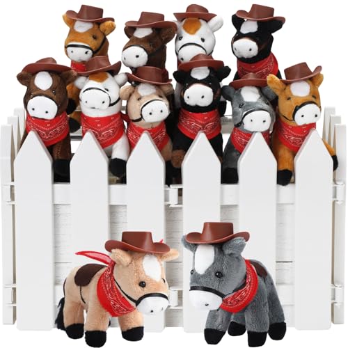 42 Pcs Mini Stuffed Horses Animal 4 Inch Mini Plush Animal with Tiny Cowboy Hats and Bandana DIY Crafts for Dollhouse for Horse Year Adopt a Horse Theme First Rodeo Birthday Party(Dark Color,Stylish)