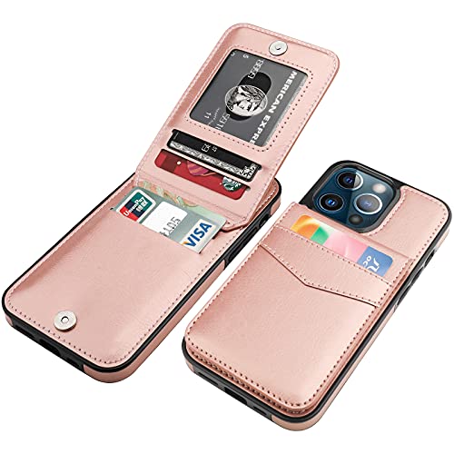 Image of KIHUWEY Compatible with iPhone 13 Pro Case Wallet with Credit Card Holder, Premium Leather Magnetic Clasp Kickstand Heavy Duty Protective Cover for iPhone 13 Pro 6.1 inch(Rose Gold)