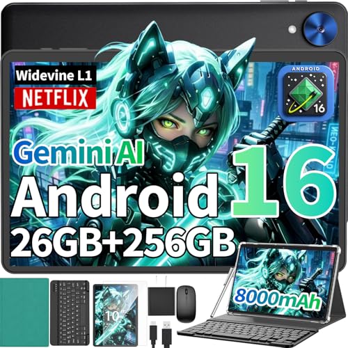 Image of Android Tablet with Keyboard - 10 inch Android 16 Tablet with 26GB+256GB+2TB Expand, Electronic Tablet with 8-Core, Gemini AI, 5G WiFi, 8000mAh, GPS, GMS, Tablet PC with Case /Mouse /Stylus(Green Case)