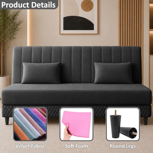Image of Rosebell Modern 3 Seater Velvet Sofa Cum Bed with Cushion | Premium Upholstered Fabric | Tufted Backrest | Wooden Legs | Living Room Furniture | Black