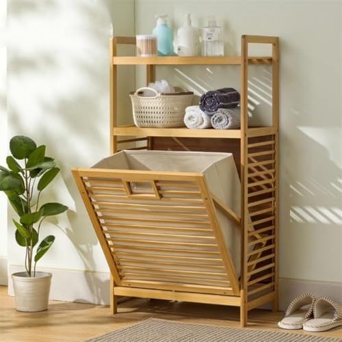 REENEW ランドリーバスケット 竹製ランドリー収納 2/3段 収納ケース 大容量 ランドリー収納 縦型ランドリーラック かご カゴ ランドリーボックス 脱衣かご 大容量 組み立てが簡単 衣類 タオル 雑物 洗濯洗剤収納 洗濯室 (50*30*95 cm