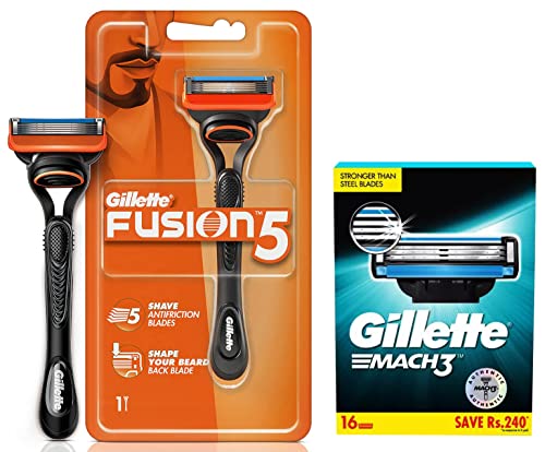 Image of Gillette Fusion Manual Razor, 1 Pc & Mach 3 Shaving Blades- Pack of 16 (Cartridges), For Men