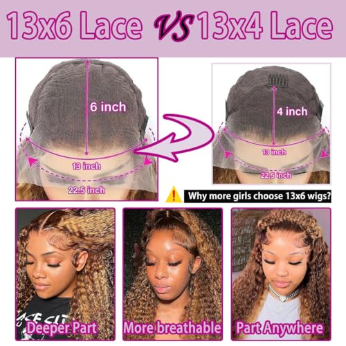 Image of LAINSS Highlight 13x6 Deep Wave Lace Front Wigs Human Hair 4 /27 Ombre Curly HD Transparent Lace Frontal Wig Pre Plucked Glueless Wig human hair 210% Density Wet and Wavy Curly Wigs 18 Inch