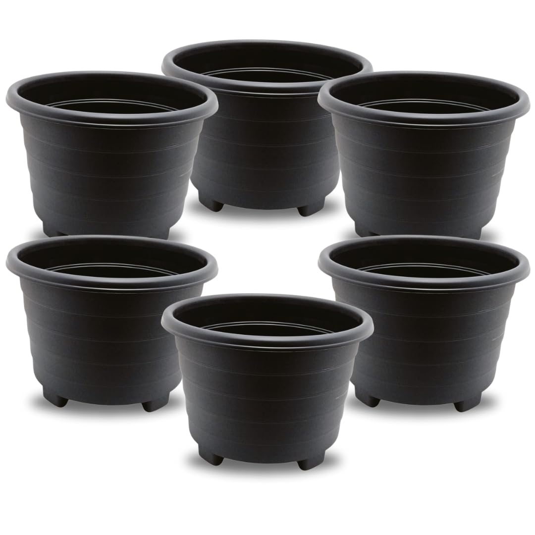 SIDSONS Large Sleek Black Planter 39cm - Plastic Plant Pots, Indoor Flower Pot, Outdoor Garden Patio Planters, Marked Drainage Hole, Round Planter With Feet, Herb Plant Container (6, 39cm Sleek Black)
