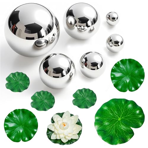 SHOWHEEL 6er Set Dekokugel Schwimmkugeln Gartenkugel Silber rostfrei Edelstahl mit 6 Schwimmend Lotusblätter 2 Schwimmende Blumen für Miniteich/Gartenteich Teichkugeln