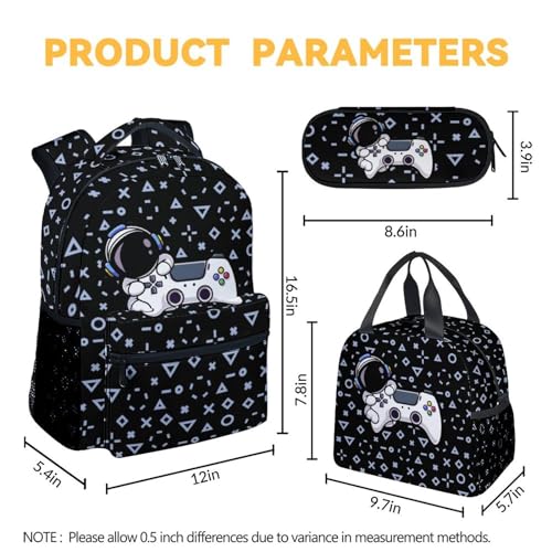 Gamer Backpack with Lunch Box for Kids - Set of 3 Boys School Backpacks Matching Combo - Durable Black Bookbag and Pencil Case Bundle4