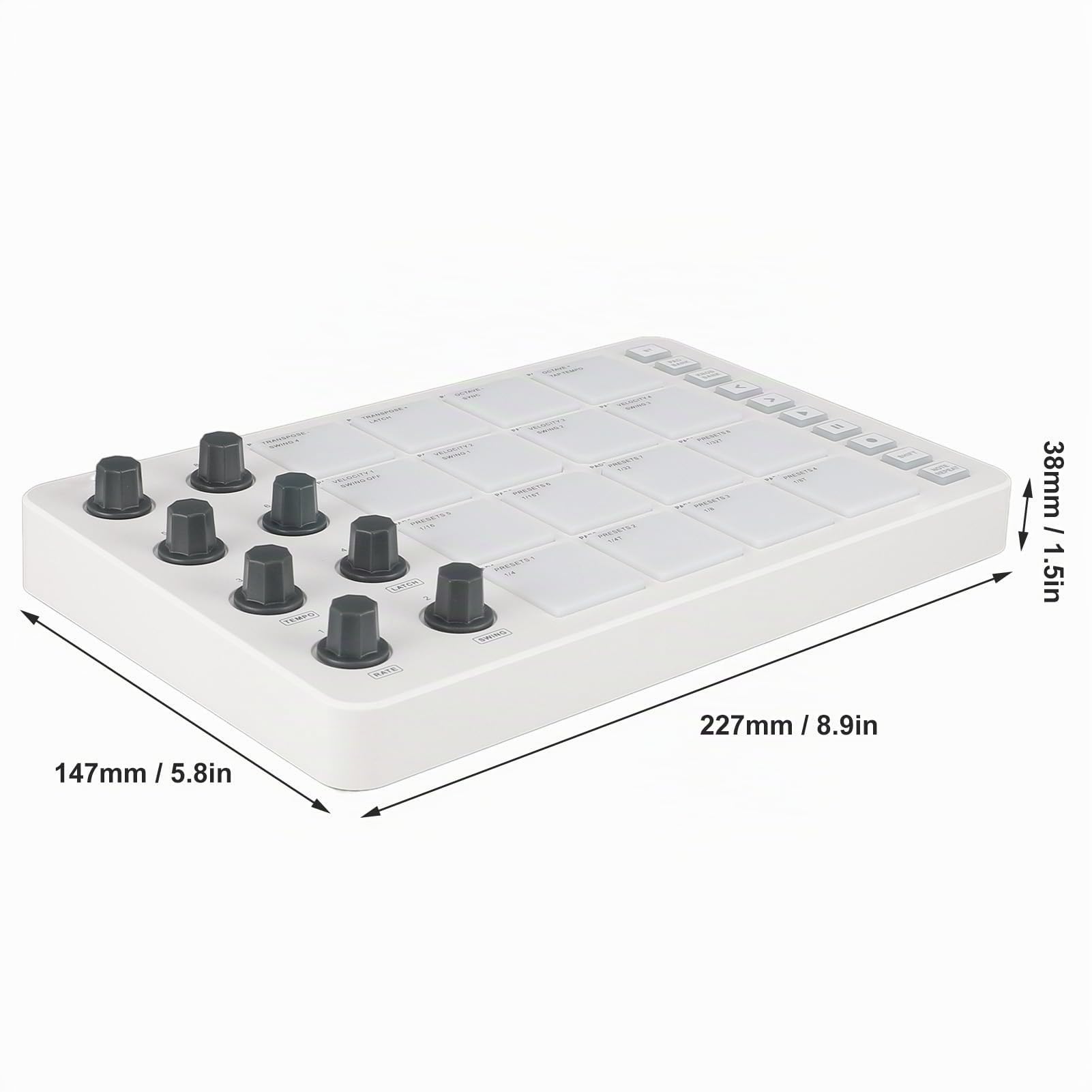 Drahtloser MIDI Pad Controller mit 16 RGB Anschlagdynamik Pads | 8 zuweisbare Drehregler Bluetooth Verbindung USB MIDI Ausgang Typ C Studio Bühne