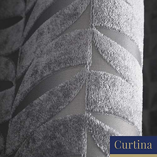 Curtina Eyelet Curtains, Luxury Dark Silver Jacquard Drapes, 117 x 137cm (46" x 54"), Geometric Leaf Design - Image 4