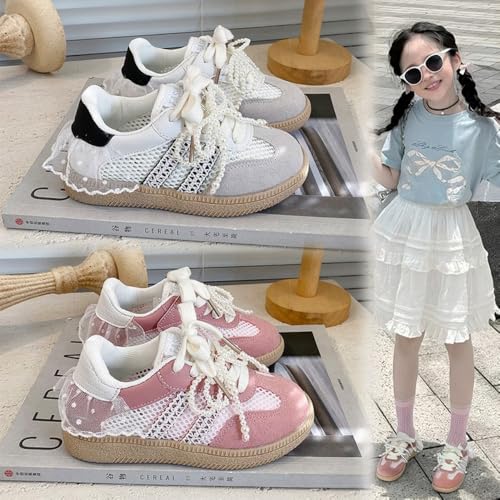 Cute Sneakerina Ballet Sneakers for Kids Chunky Platform Leather Mesh Pearl Bow Lace Ballet Shoes for Back to School, Toddler Girls Fashion Gifts3