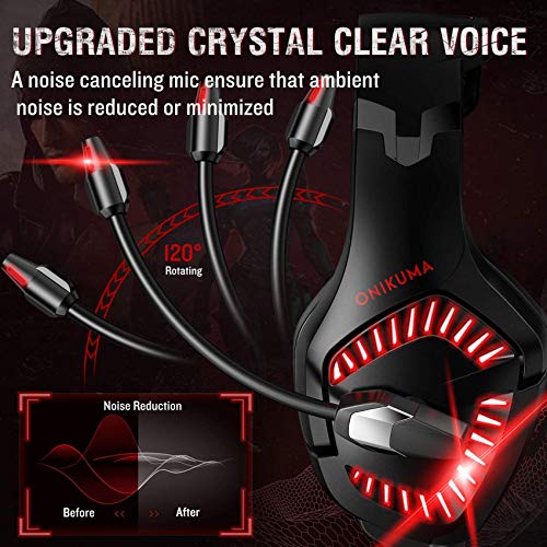 ONIKUMA Gaming Headset - Gaming Headphone with Microphone and Surround Sound, Red LED Light, Noise Canceling Soft Memory Ear Cup Headset for PC, PS4, Xbox One (Adapter Not Included)