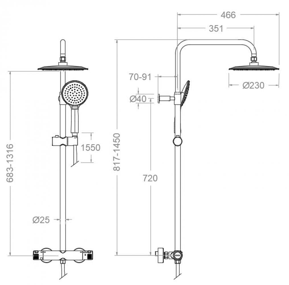 Ramon Soler Columna de Ducha con Grifo Termostático Cromado Barra Telescópica y Accesorios Serie Termotech